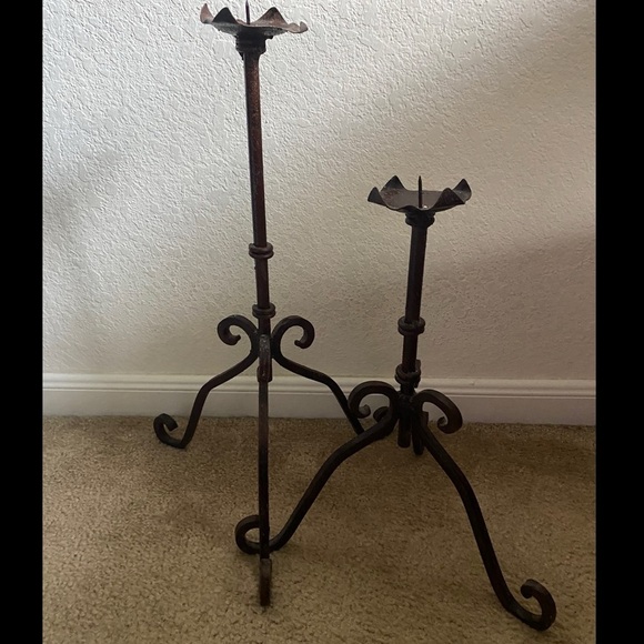 Vintage Wrought Iron Rustic Set Of (2) 16”& 21” Gothic Regency Candle Holders - Picture 5 of 16